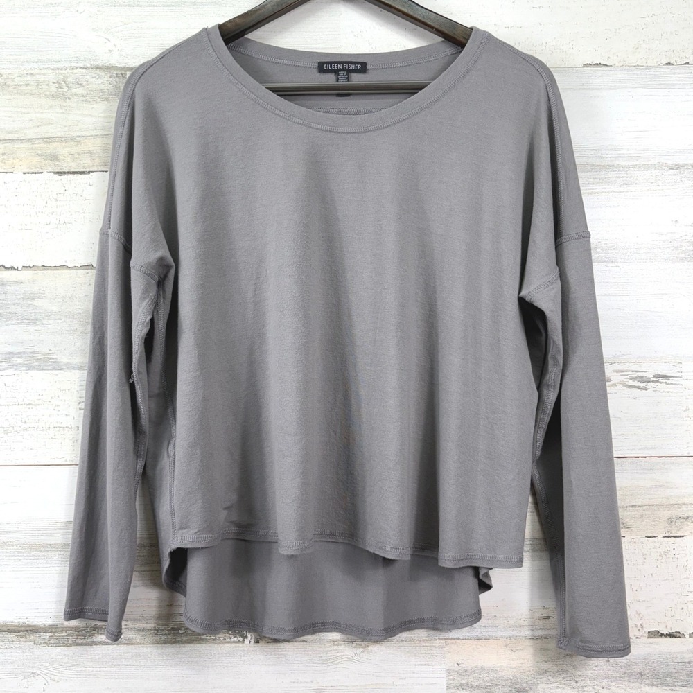 Eileen Fisher Top Medium Grey Relaxed High-Low Long Sleeve Crew Neck Capsule